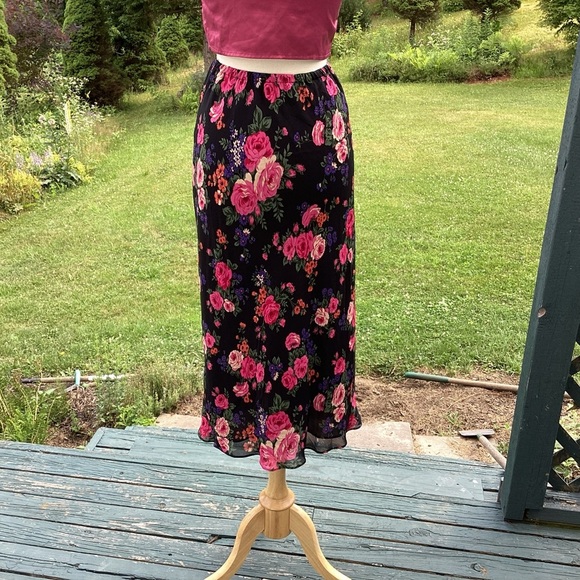 90s y2k Fairycore Gauze Lined Flowy Rose Print black background midi maxiskirt S - Picture 6 of 12